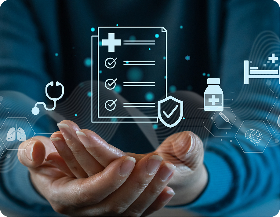 Hands holding digital healthcare icons hologram.